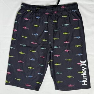 Hurley Boy's Black Swim Trunks Sz:XL Shark Theme Back Pocket